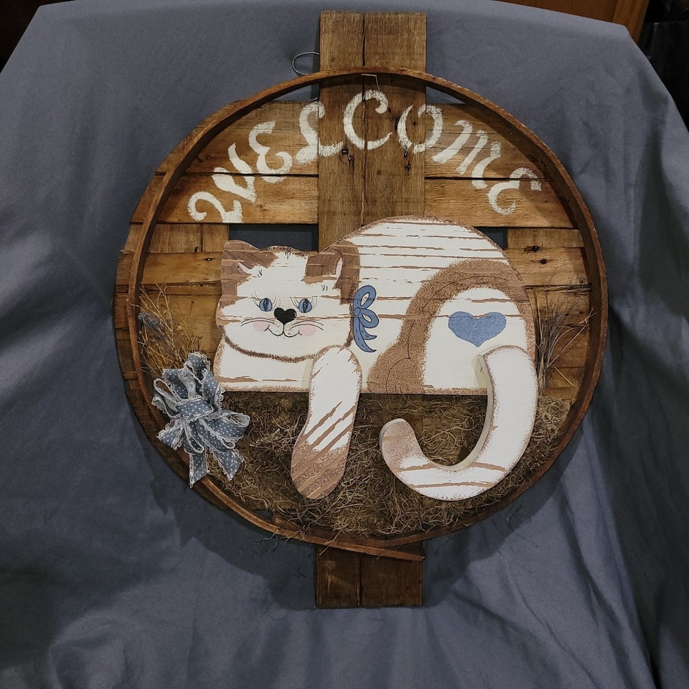 Vintage Handmade Wooden Crate  Welcome Sign Cat Kitten Cottagecore  Farmhouse